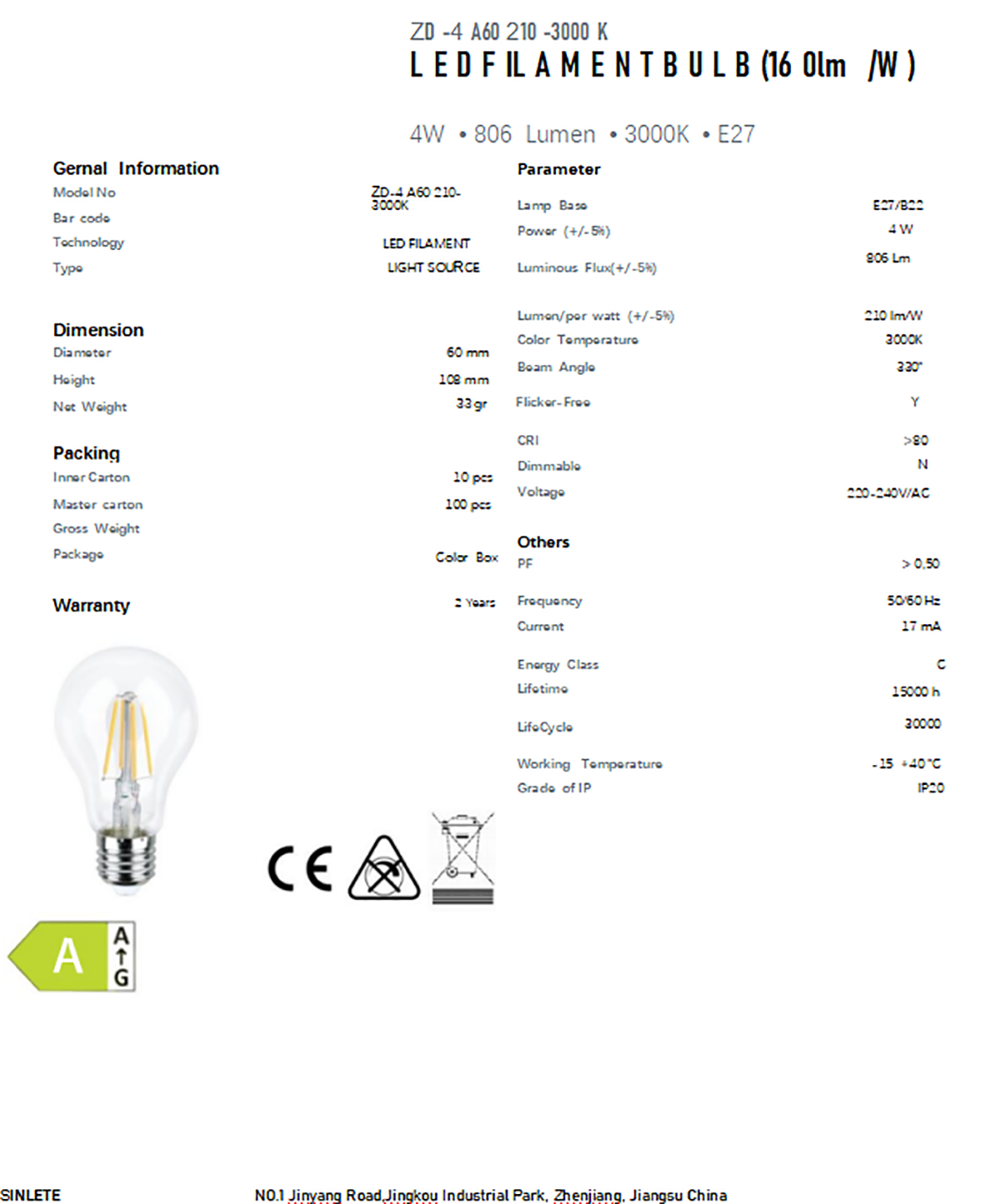 FILAMENT BULB LED A60